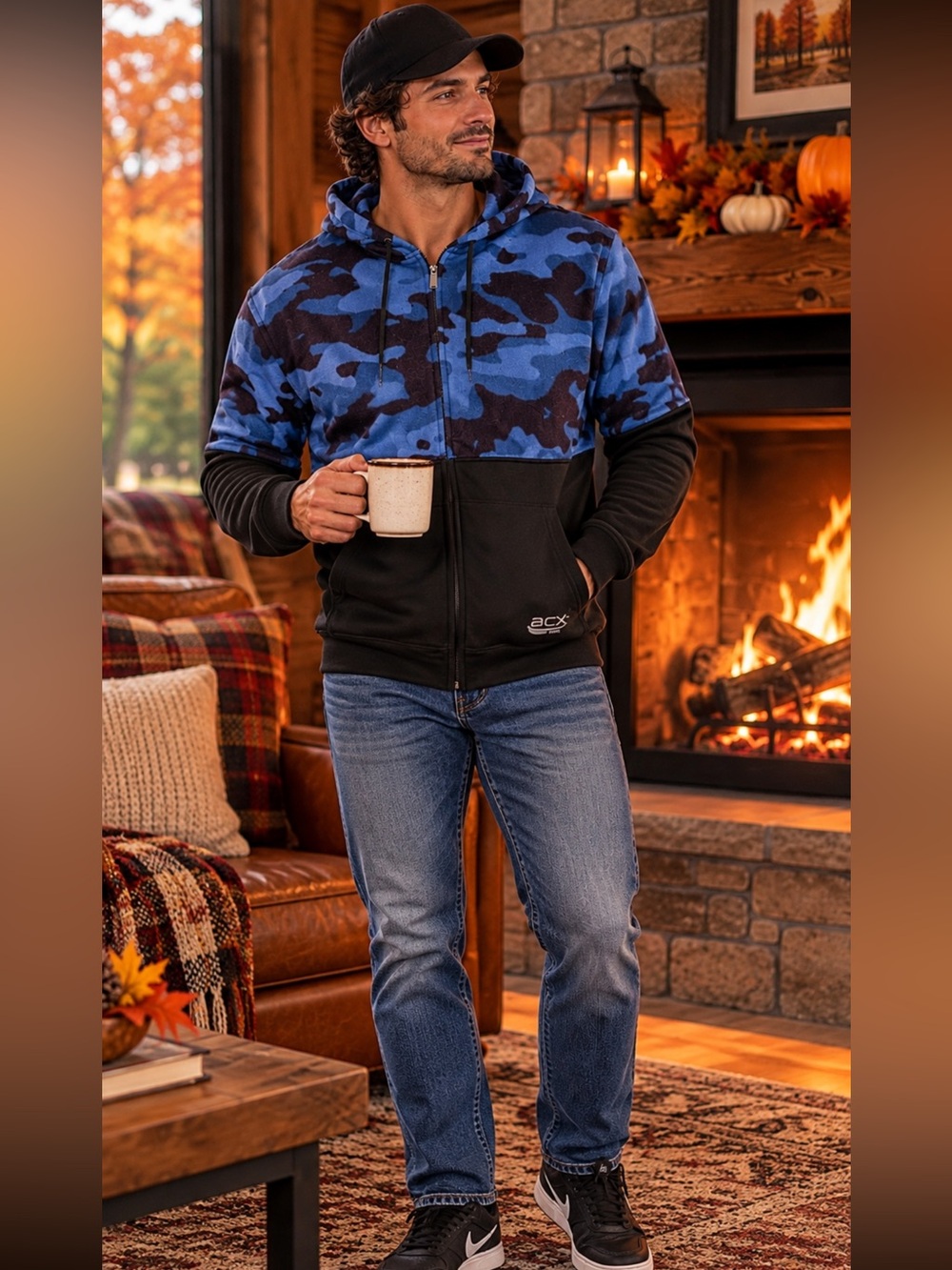 ACX Active Men’s Blue Camo Fleece Full Zip Hoodie Jacket Medium Blue Camo